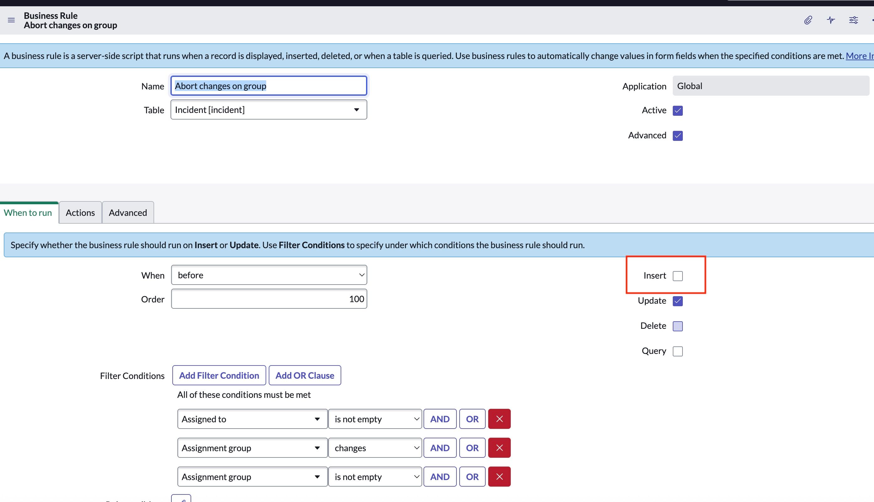 Modifying abort change on group